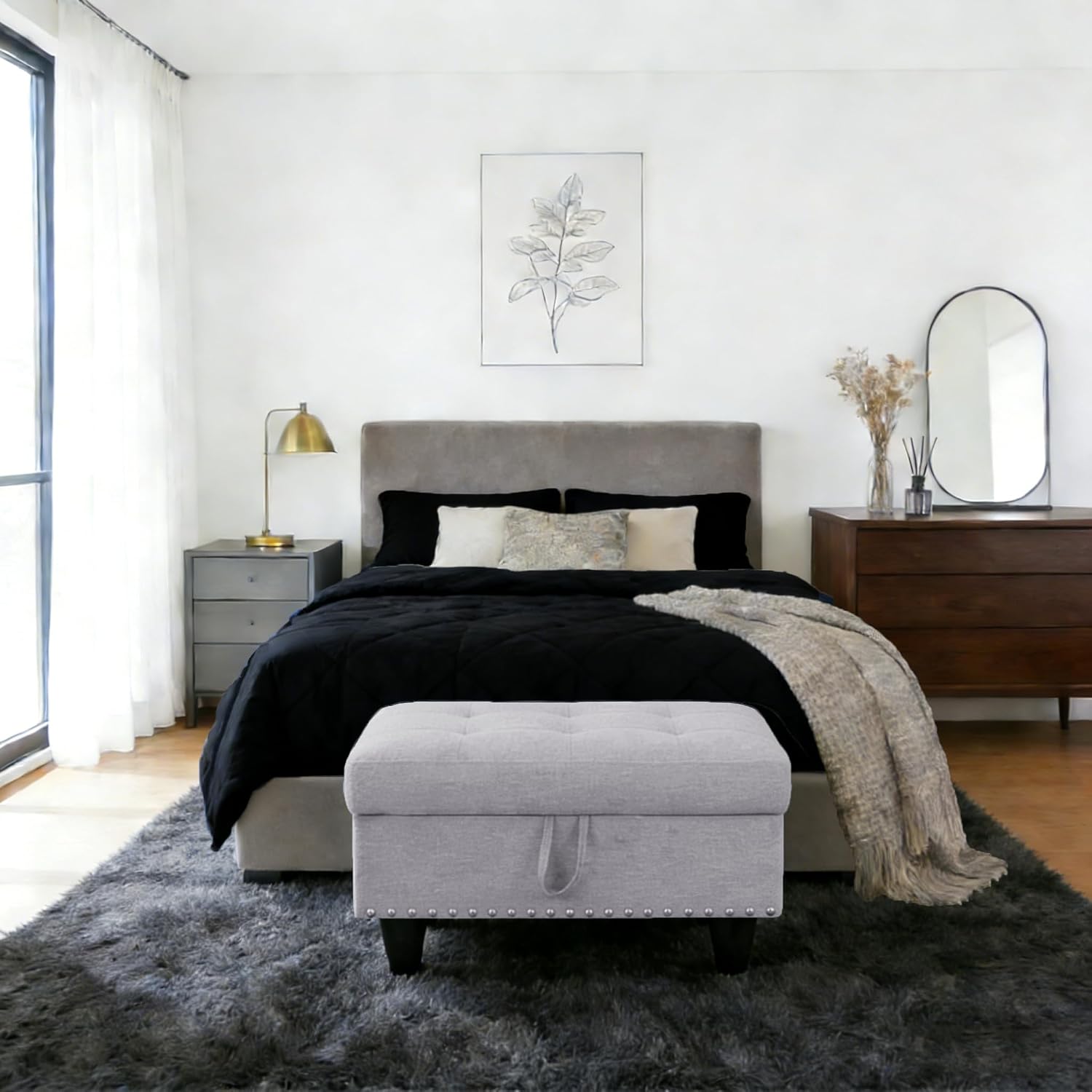 Ottoman with Storage for Living Room, 28.5'' Linen Living Room Ottomans Foot Rest, Upholstered Entryway Bench, End of Bed Storage Bench, Small Ottoman Foot Stool, Tufted Coffee Table, For Bedroom