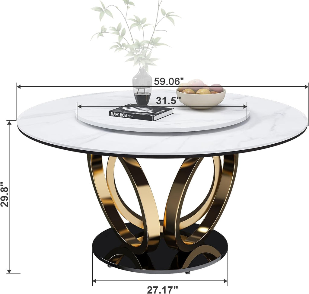 59" Round Dining Table with 360° Rotating Lazy Susan, Scratch & Heat Resistant Sintered Stone Tabletop, Marble Style Kitchen Dining Table, Perfect for Dining Room