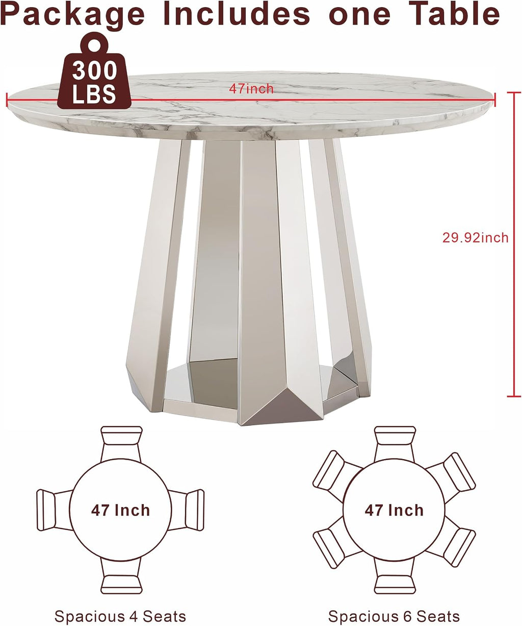 47" Round Dining Table, Mid-Century Modern Round Kitchen Table for 4-6People, High Gloss Faux Marble Tabletop and Stainless Steel Base for Dining Room, White Silver