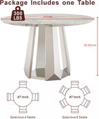 47" Round Dining Table, Mid-Century Modern Round Kitchen Table for 4-6People, High Gloss Faux Marble Tabletop and Stainless Steel Base for Dining Room, White Silver
