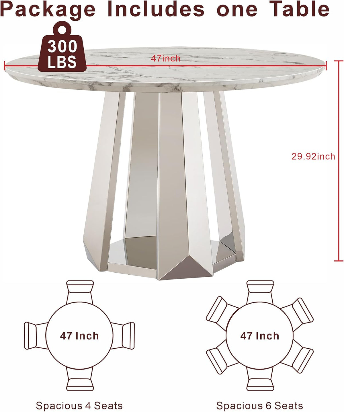 47" Round Dining Table, Mid-Century Modern Round Kitchen Table for 4-6People, High Gloss Faux Marble Tabletop and Stainless Steel Base for Dining Room, White Silver