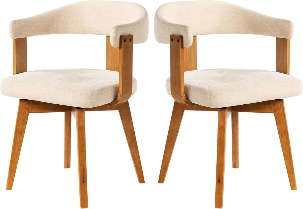 EYYTHUNG Swivel Dining Chairs Set of 2, Mid Century Modern Chenille Dining Chairs with Arms and Wood Legs,Upholstered Kitchen Chairs for Kitchen, Dining Room, Living Room, Beige and Dark Oak