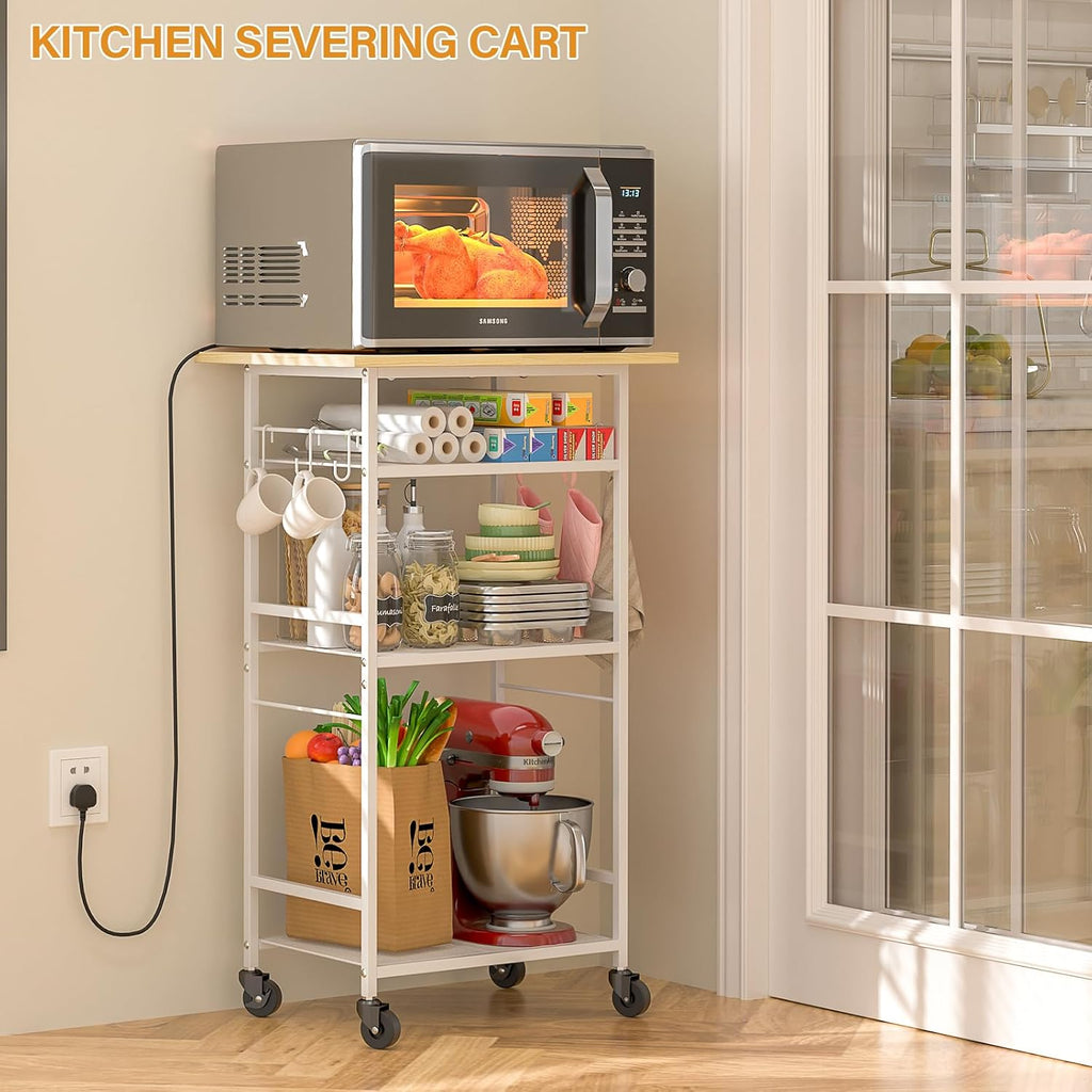 ThreeHio Rolling Kitchen Microwave Cart, 4 Tier Microwave Table Stand with Storage, Kitchen Storage Rack on Wheels, Coffee Station Cart Rack Shelf Organizer for Living Room Office, Balcony
