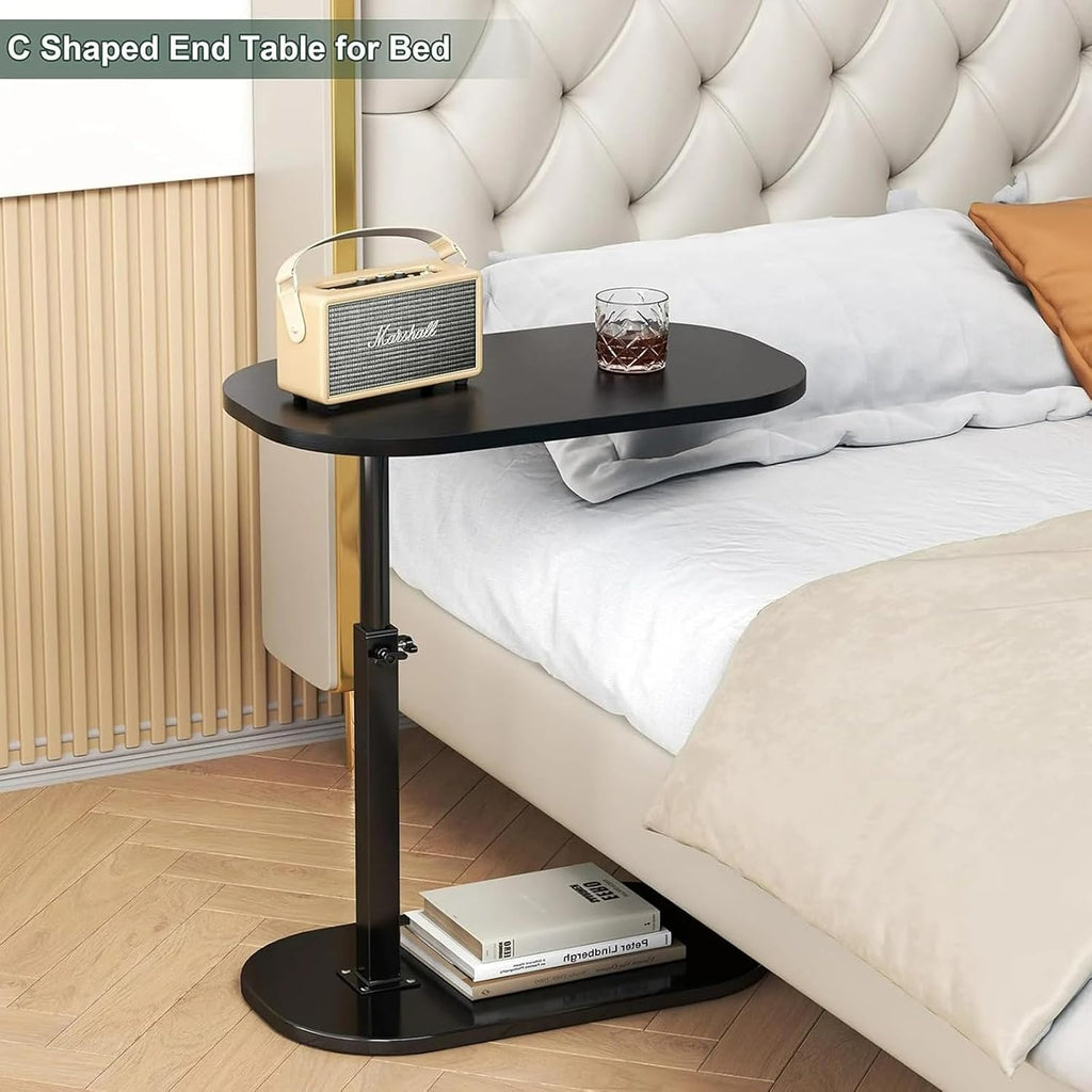 C-Shaped End Table - Height Adjustable (23.5"-31.5"), 16"x12" Oval Top w/Lower Shelf, Industrial Side Table Space-Saving Side Table for Living Room, Bedroom (Black)