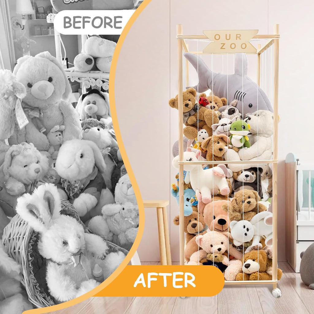 Stuffed Animal Storage Zoo with Wheels, Wooden Large Stuff Animals Plushies Holder, 22.5" D x 22.5" W x 64" H Toy Organizer Storage Cage with Elastic Band and Net for Nursery Playroom Bedroom