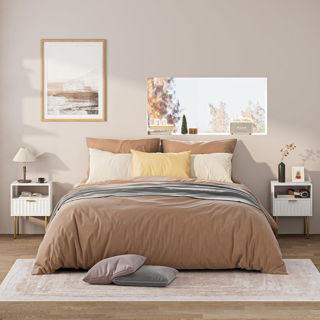 Night Stand,Modern Bedside Table with Drawer and Shelf,White Night Stand with Gold Frame,Small Side Table for Bedroom,Living Room