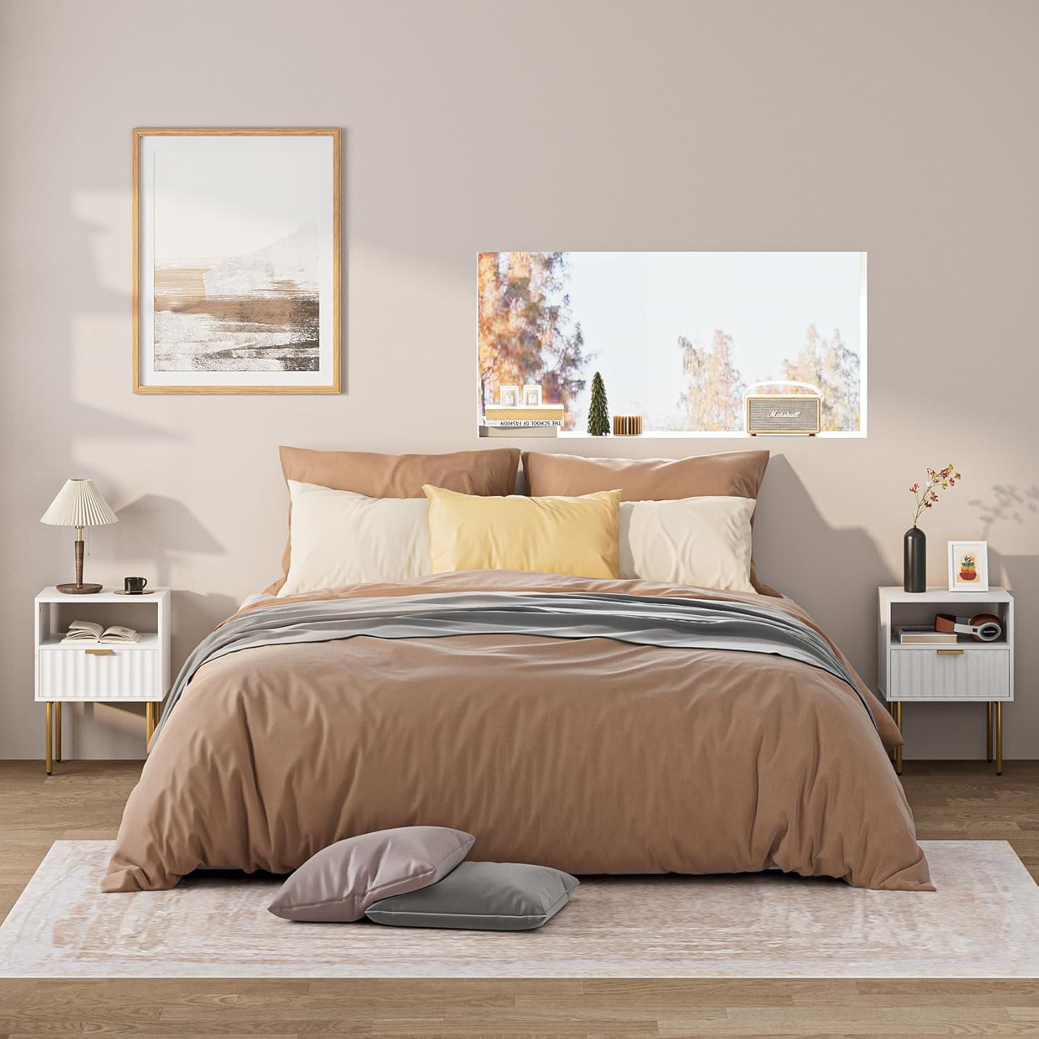 Night Stand,Modern Bedside Table with Drawer and Shelf,White Night Stand with Gold Frame,Small Side Table for Bedroom,Living Room