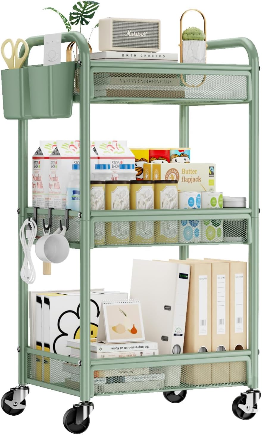 YASONIC 3 Tier Metal Rolling Cart, Green Utility Storage Cart with Wheels | Metal Mesh Craft Cart With Hooks & Hanging Cups, Ideal For Kitchen, Bathroom, Office, Dorm, Art Workspace, Bedside Storage