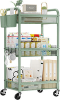 YASONIC 3 Tier Metal Rolling Cart, Green Utility Storage Cart with Wheels | Metal Mesh Craft Cart With Hooks & Hanging Cups, Ideal For Kitchen, Bathroom, Office, Dorm, Art Workspace, Bedside Storage