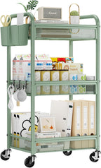 YASONIC 3 Tier Metal Rolling Cart, Green Utility Storage Cart with Wheels | Metal Mesh Craft Cart With Hooks & Hanging Cups, Ideal For Kitchen, Bathroom, Office, Dorm, Art Workspace, Bedside Storage