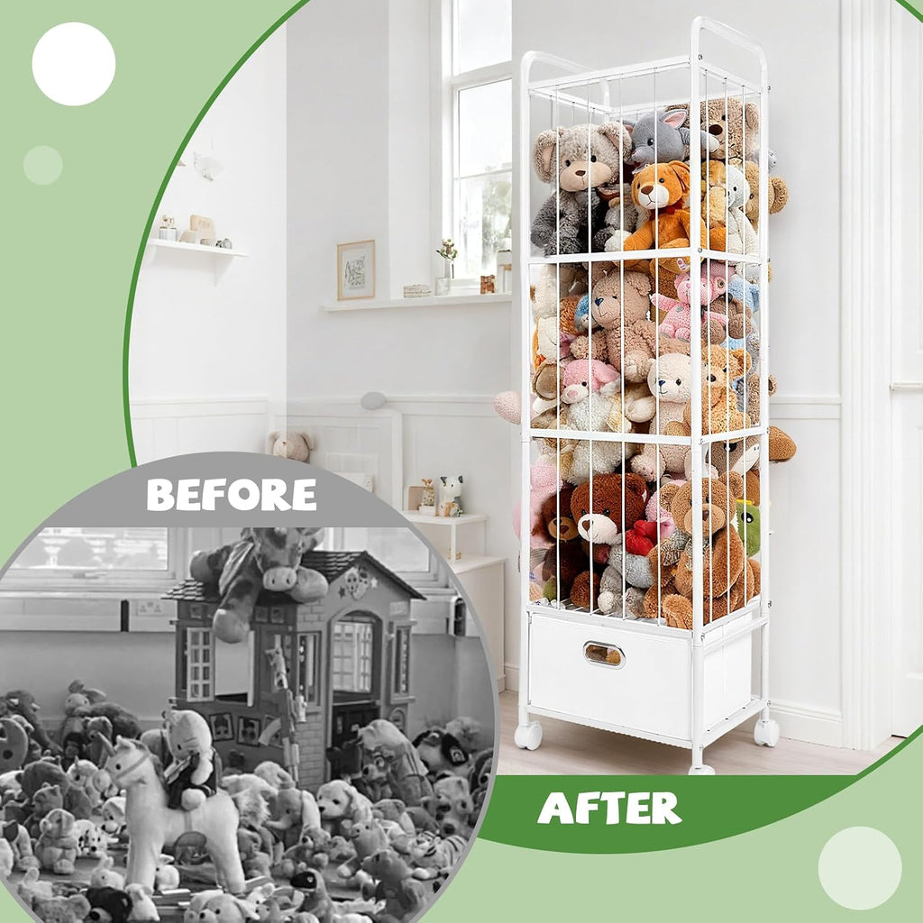 Stuffed Animal Storage, Metal Stuff Animals Zoo Holder with Fabric Drawer and Wheels Tall Vertical Plushies Toy Organizer Plush Storage Cage with Elastic Band for Nursery Playroom Corner