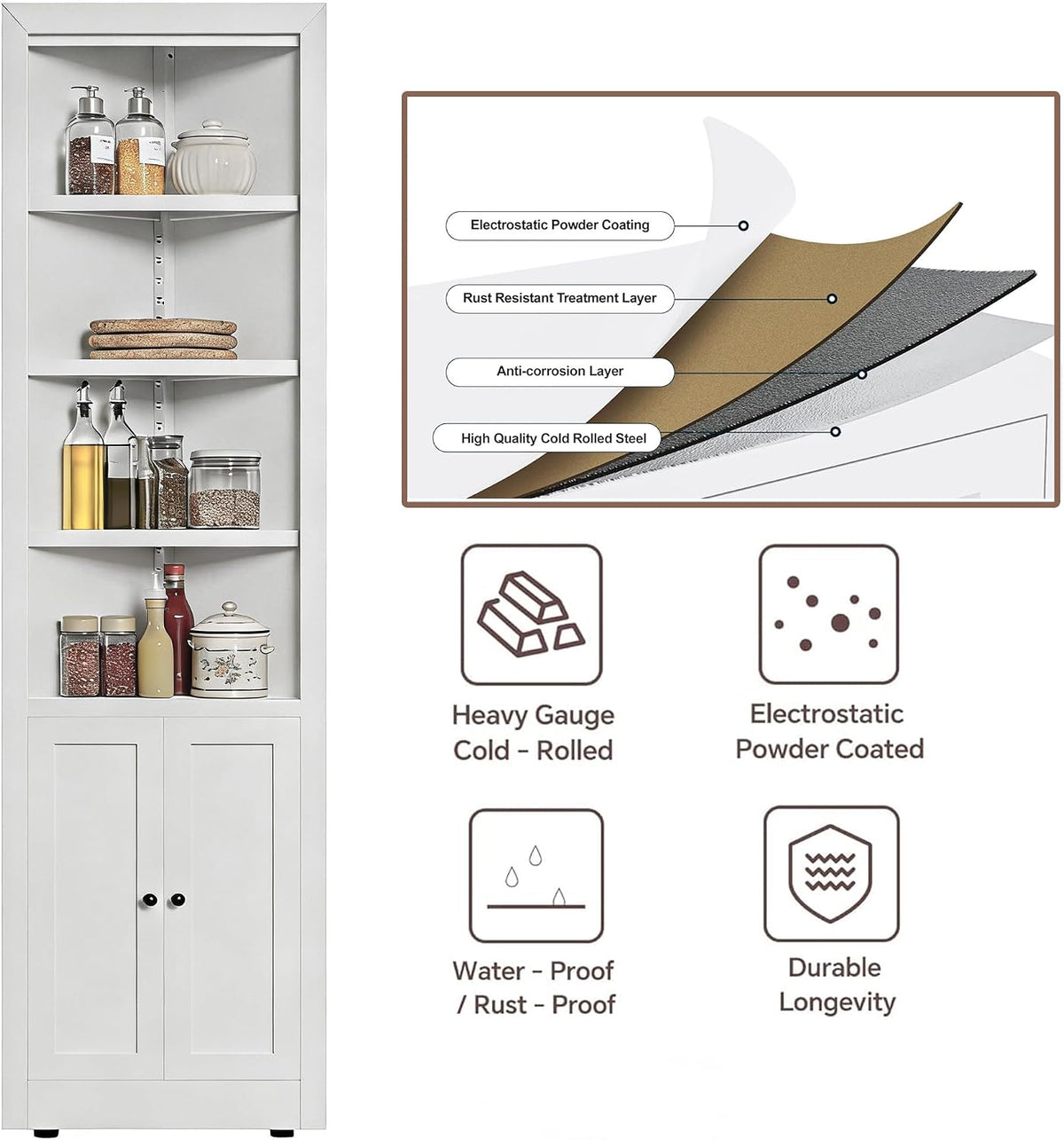 Metal Pantry Storage Cabinet with 4 Adjustable Shelves, 71" Tall Corner Cabinet for Bathroom, Corner Shelf Cabinet for Kitchen, Dining Room, Living Room, Assembly Required(White)