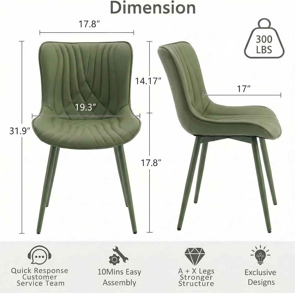 Kidol & Shellder Dining Chairs Set of 2, Mid Century Modern Kitchen Chairs with Metel Legs, PU Leather Upholstered Side Chair for Dining Room, Living Room, Lounge, Restaurant, Bean Green