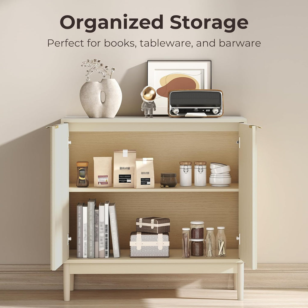 Fluted Cabinet with Storage, Buffet Cabinet Sideboard with 2 Doors, Beige Buffet Storage Accent Cabinets with Adjustable Shelves for Living Room, Entry, Hallway, Kitchen