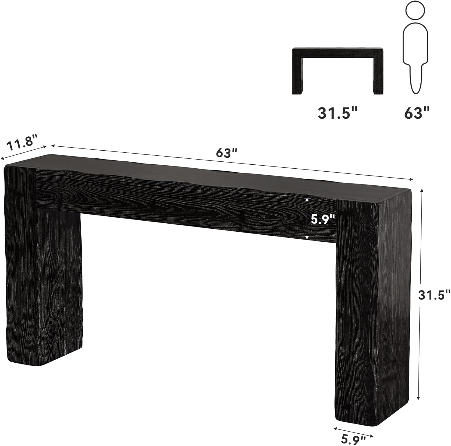 Solid Wood Console Table, 63-Inch Farmhouse Sofa Table Behind Couch for Entryway, Living Room, Foyer, Easy Assembly (Black)