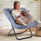 DUMOS Faux Fur Saucer Chair for Adults, Living Room Folding Lounge Chair | Comfy Soft Square Oversized Chair with Metal Frame Moon Seat, Portable Anti-Slip for Living Bedroom Dorm, Grey