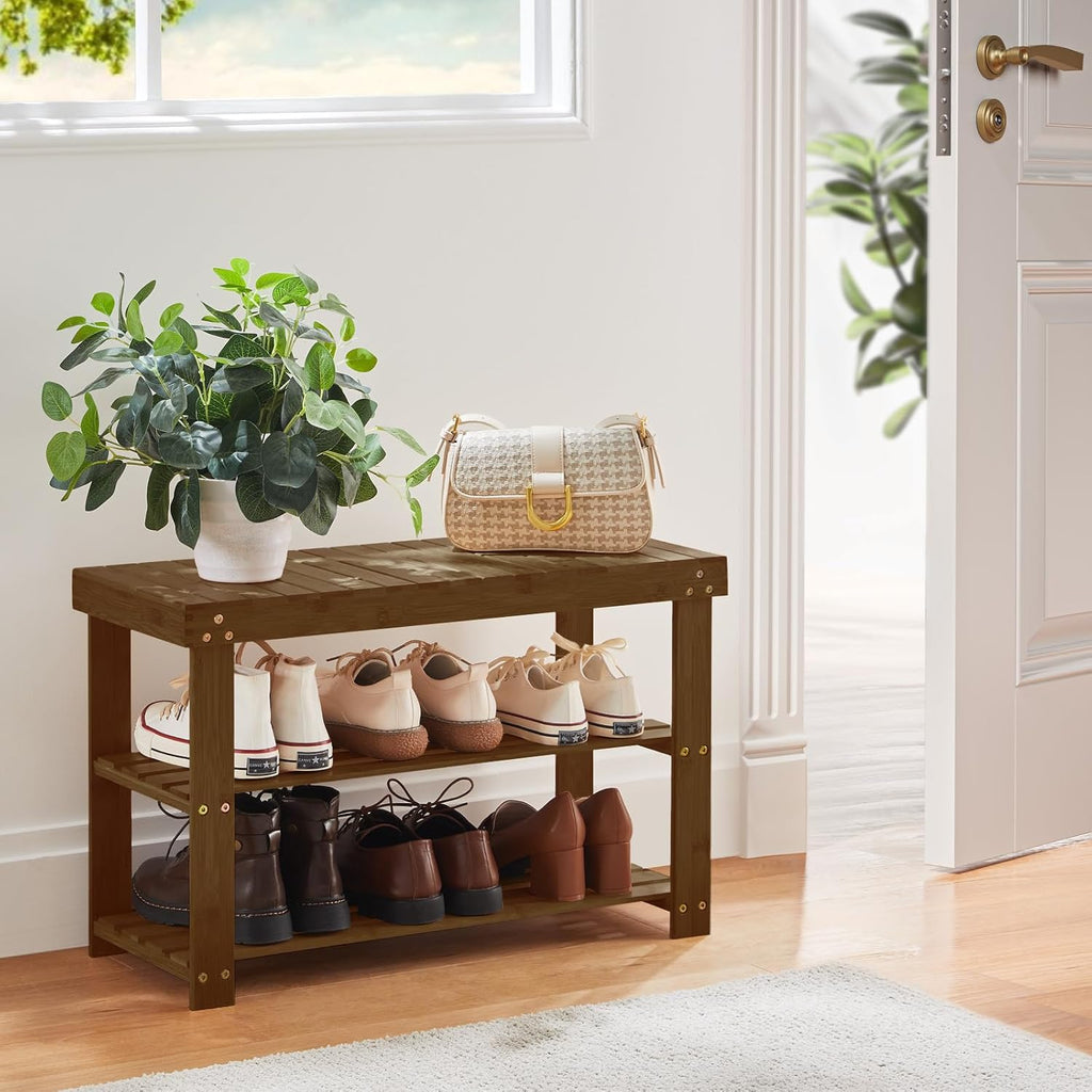 Pipishell Bamboo Shoe Rack Bench, 3 Tier Sturdy Shoe Bench, Storage Shoe Organizer, Holds up to 300lbs for Entryway Bedroom Living Room Balcony, Yellow Brown