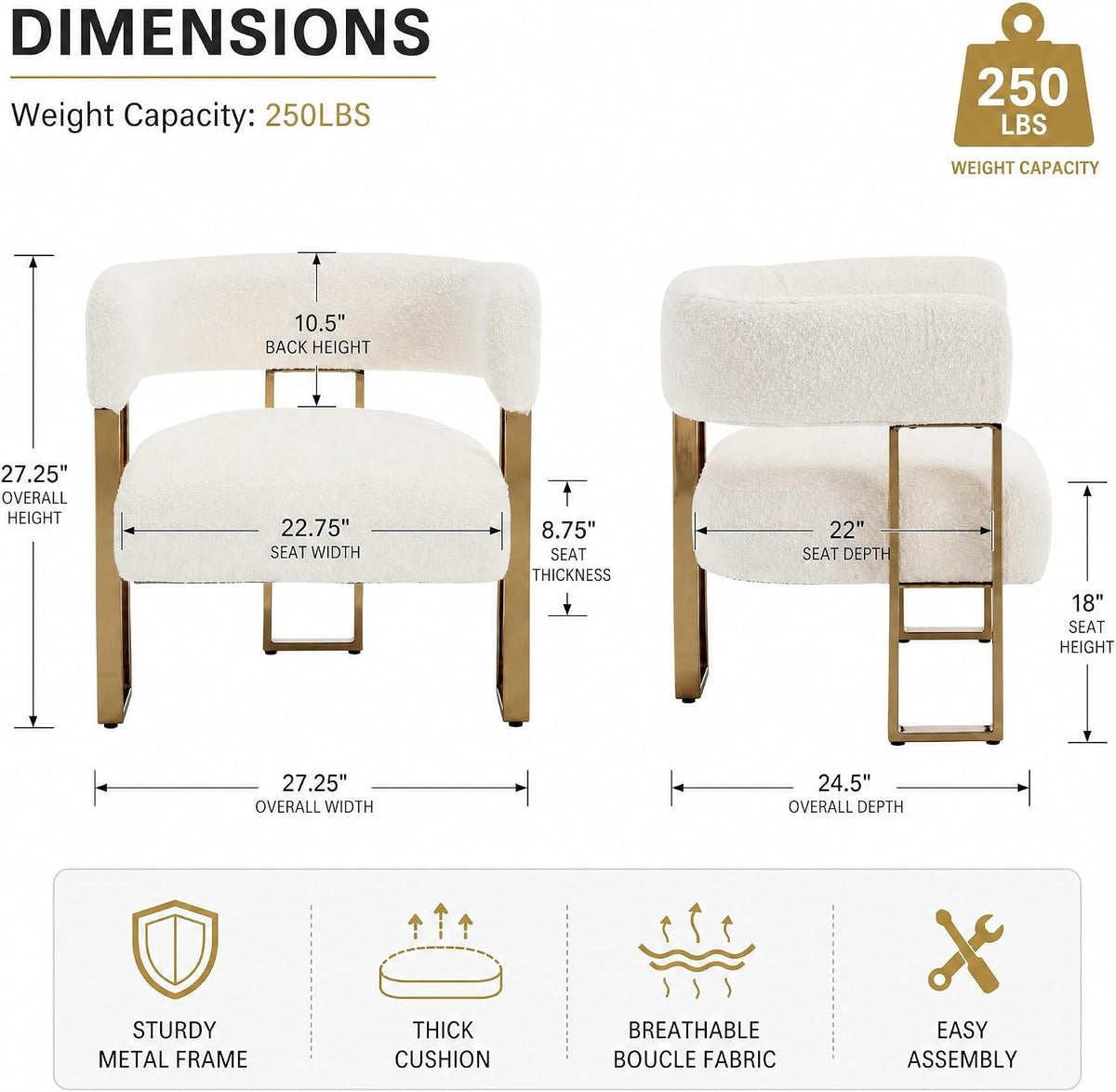 Barrel Accent Chairs Set of 2, Modern Side Chair with Golden Metal Legs, Sherpa Upholstered Reading Armchair, Boucle Club Chairs for Living Room/Reception Room/Bedroom/Office, White
