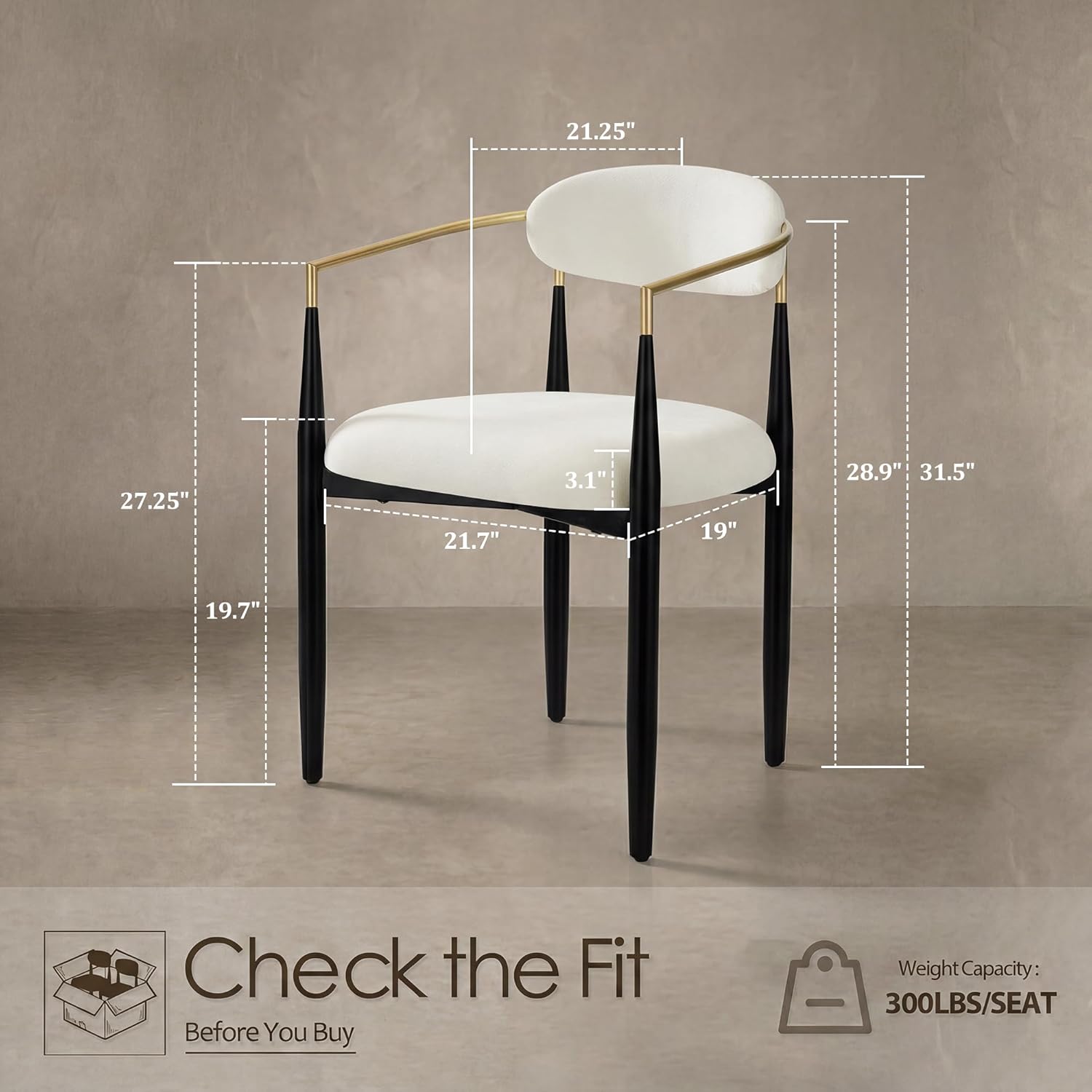 Morden Fort Set of 4 Chenille Upholstered Dining Chairs with Arms,Black Metal Frame with Gold Accent,Padded Kitchen,White
