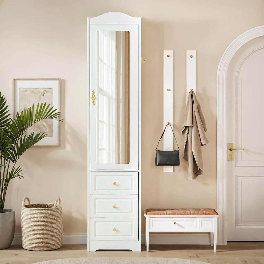 Armoire Wardrobe Closet, White Bedroom Armoires Cabinet with Mirror Door and 3 Drawers, 69.5" H Clothing Storage Cabinet with Hanging Rod & Sensor Light for Bedroom-Right