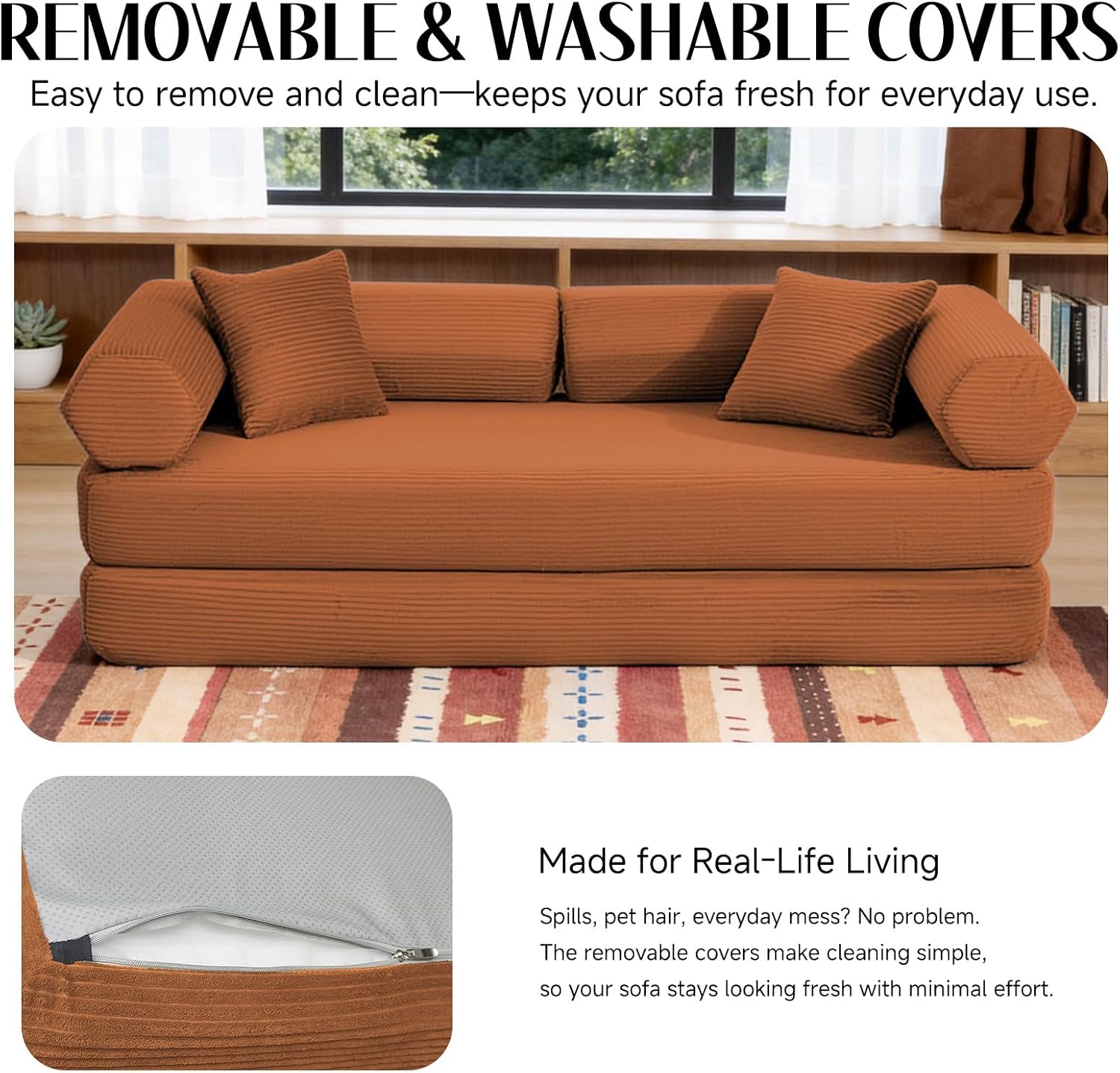 79" Corduroy Sofa Bed, Couch in a Box with 2 Pillows, High-Density Foam 4-in-1 Foldable Sleeper Futon Loveseat for Small Spaces, No Assembly, Side Pockets, Hex Arm Orange