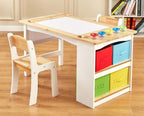 FUNLIO Wooden Kids Art Table & 2 Chairs Set, Kids Craft Table with Large Storage & Paper Rolls for Ages 3-8, Toddler Drawing Table Solid Wood, Easy to Assemble/Clean, CPC & CE Certified