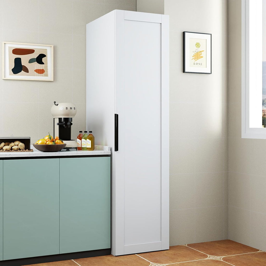 JOYSOURCE 22 in Deep Kitchen Pantry Storage Cabinet with Doors and Adjustable Shelves Tall Large Cupboard with Door Shelving, Wheel Support for Food White