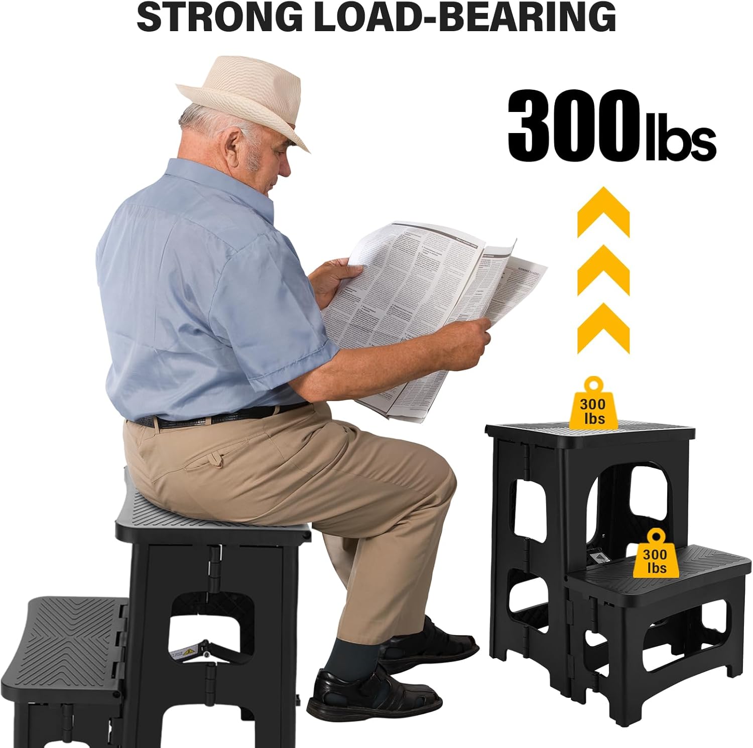 Folding 2-Step Stool for Adults, Non-Slip Collapsible Footstool for Office | Portable Bedside Step Stool, Hold up to 300 lbs, Lightweight & Foldable Step Ladder for Pool Office Home RV