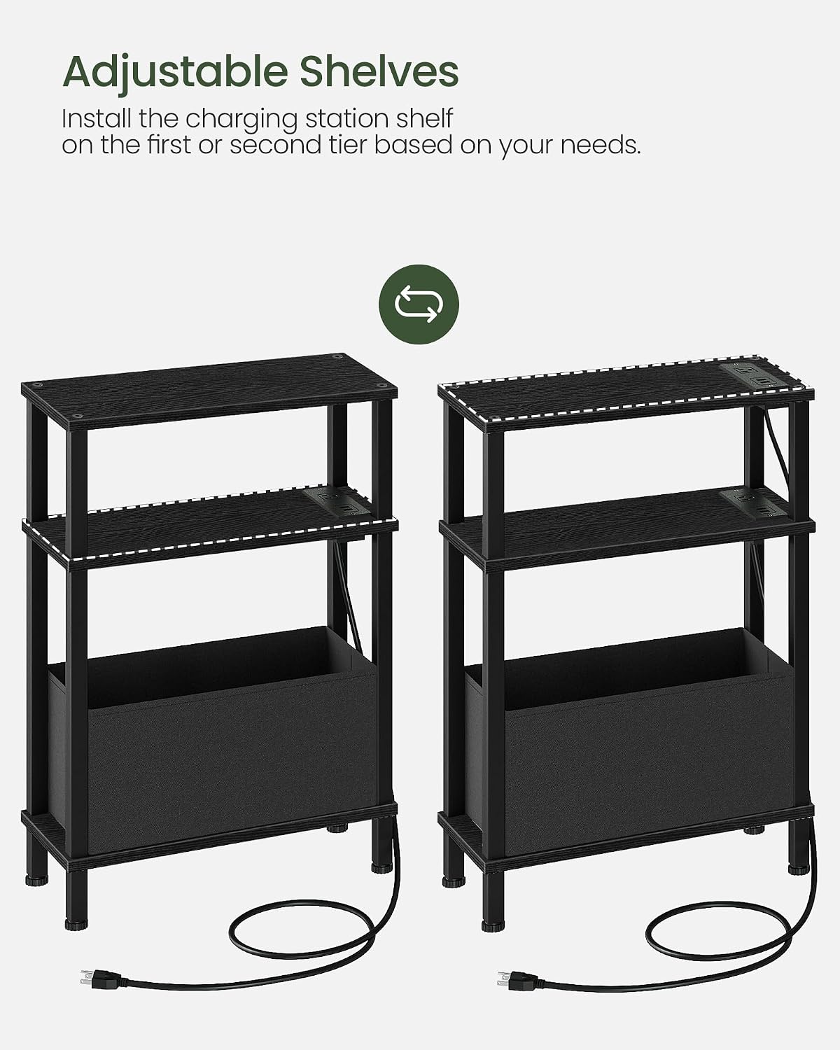 CHOEZON Set of 2 End Tables with Charging Station, Narrow Side Table for Small Spaces, Slim Nightstand with Basket, Skinny Bedside Table, for Living Room, Bedroom, Black TBZ07UP2BBN1