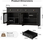 Buffet Cabinet with Storage and LED Light, 55” Sideboard Buffet Cabinet with 4 Glass Doors & 2 Drawers & Adjustable, Modern Credenza Coffee Bar Cabinets Buffets Table for Kitchen, Dining Room, Black