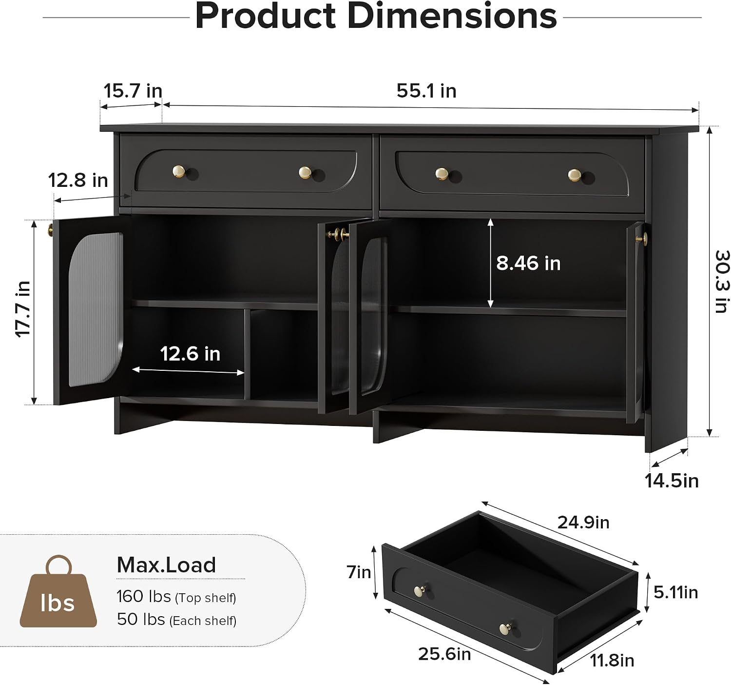 Buffet Cabinet with Storage and LED Light, 55” Sideboard Buffet Cabinet with 4 Glass Doors & 2 Drawers & Adjustable, Modern Credenza Coffee Bar Cabinets Buffets Table for Kitchen, Dining Room, Black