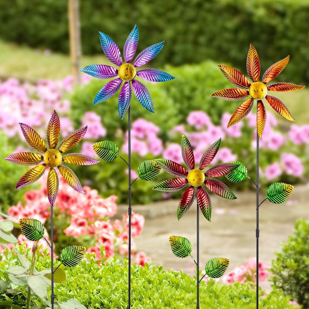 Stargarden 4Pcs Metal Outdoor Wind Spinners, Small Pinwheels for Yard, Decorative Garden Stakes for Patio,Lawn, Outdoor