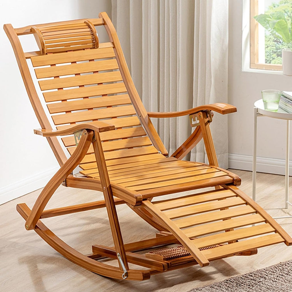 Bamboo Rocking Chair with headrest and footrest, Foldable and Requires no Assembly, Suitable for Living Rooms, Balconies, Gardens, and Outdoors Primary Color