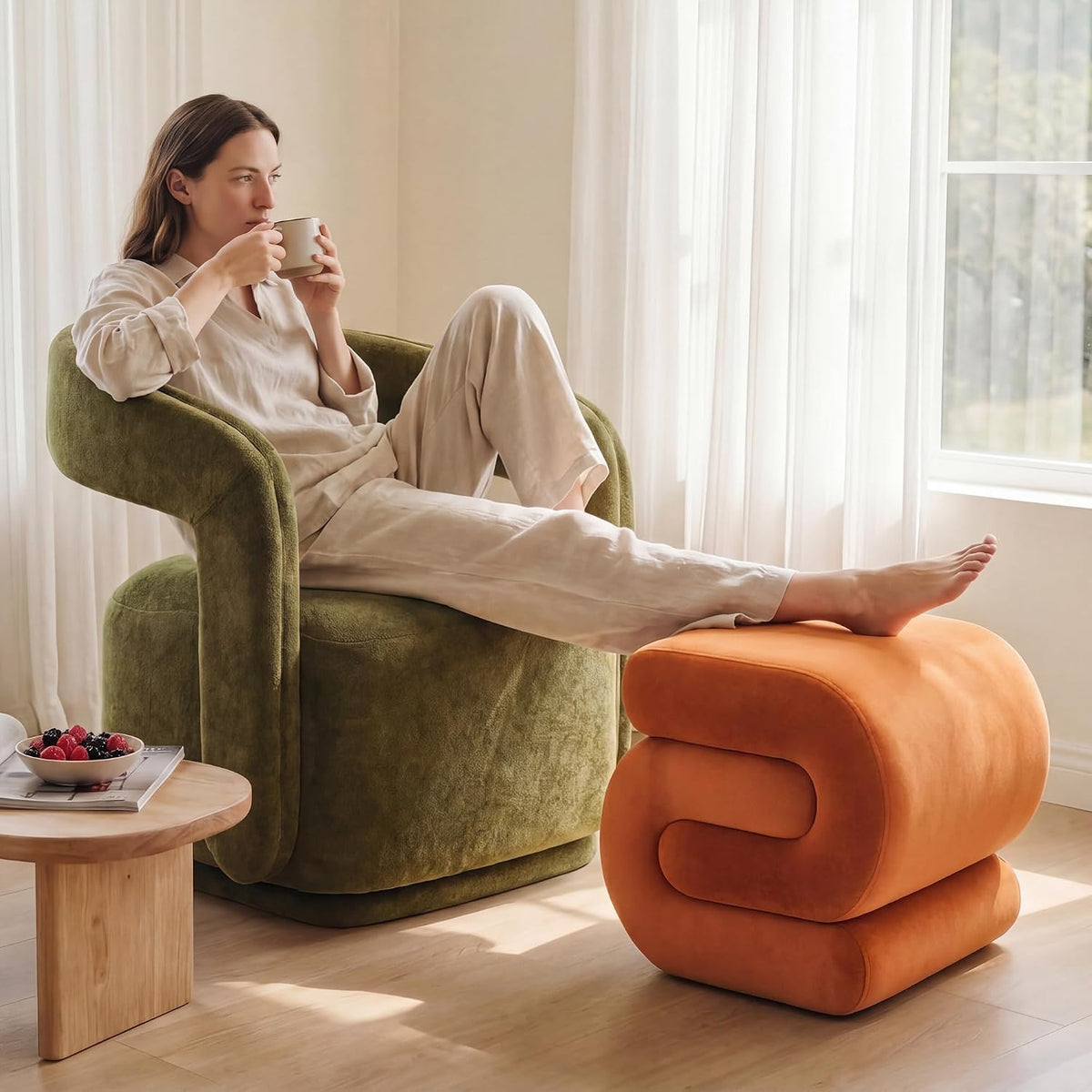 FOXHUNTER S Shape Modern Pouf Ottoman Vanity Stool, Velvet Orange | Footstool with Sponge Filling, No Assembly Required, Soft Shoe Stool, for Makeup Room Living Room Bedroom Entrance