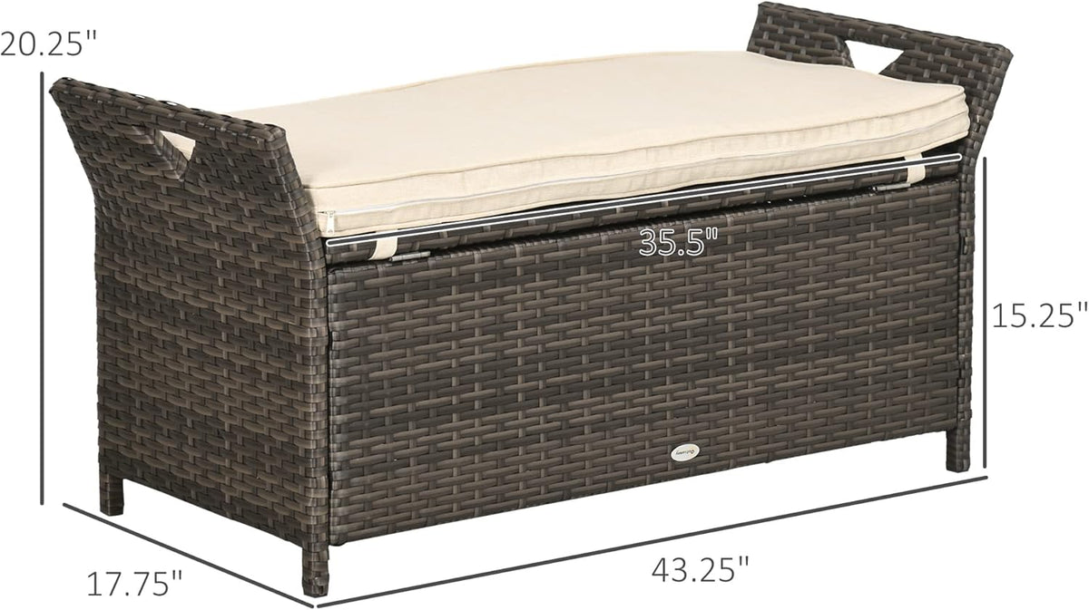 27 Gallon Patio Wicker Storage Bench, Outdoor PE Rattan Patio Furniture, 2 in 1 Large Capacity Rectangle Garden Storage Box with Handles and Cushion, Cream White