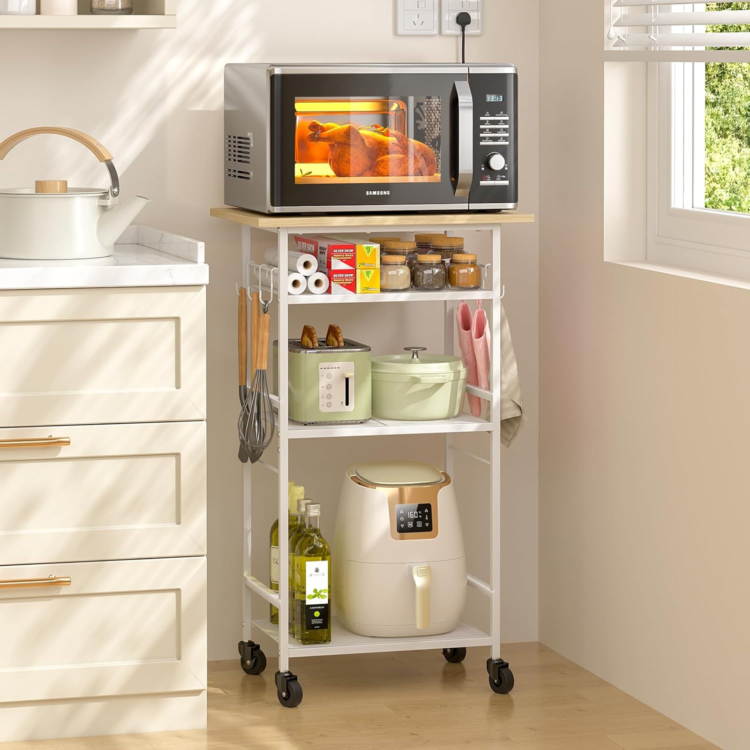 ThreeHio Rolling Kitchen Microwave Cart, 4 Tier Microwave Table Stand with Storage, Kitchen Storage Rack on Wheels, Coffee Station Cart Rack Shelf Organizer for Living Room Office, Balcony