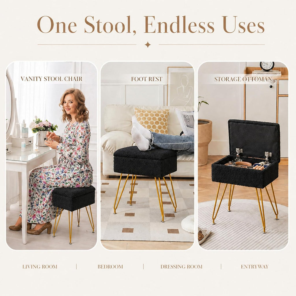 Alessing Vanity Stool Chair Ottoman with Storage, Sherpa Vanity Chair for Makeup Room, Rectangle Vanity Stools with Metal Legs, Soft Makeup Stool Footrest Footstools for Bedroom Living Room, Black | Square Padded Seat Foot Stool With Metal Legs For