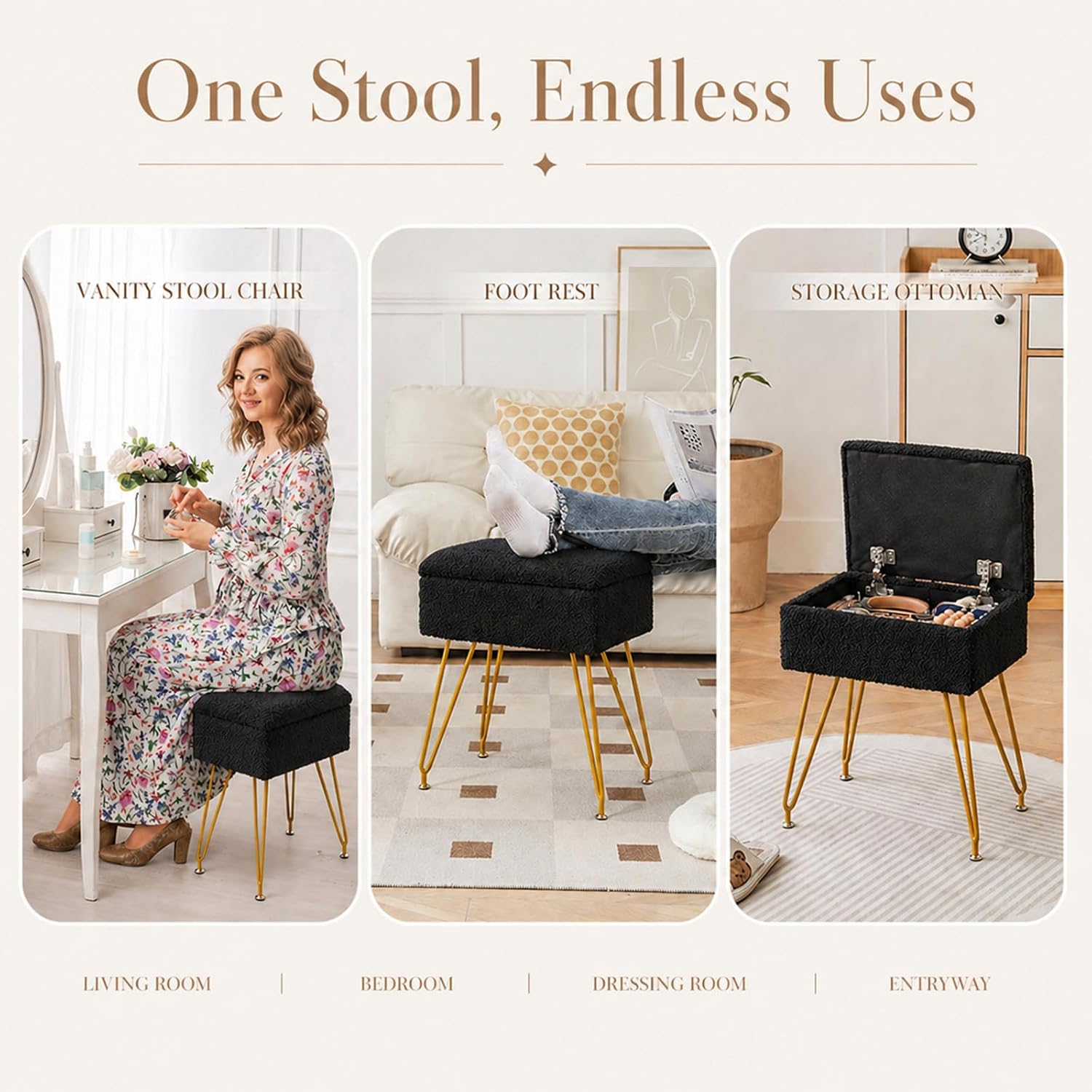 Alessing Vanity Stool Chair Ottoman with Storage, Sherpa Vanity Chair for Makeup Room, Rectangle Vanity Stools with Metal Legs, Soft Makeup Stool Footrest Footstools for Bedroom Living Room, Black | Square Padded Seat Foot Stool With Metal Legs For
