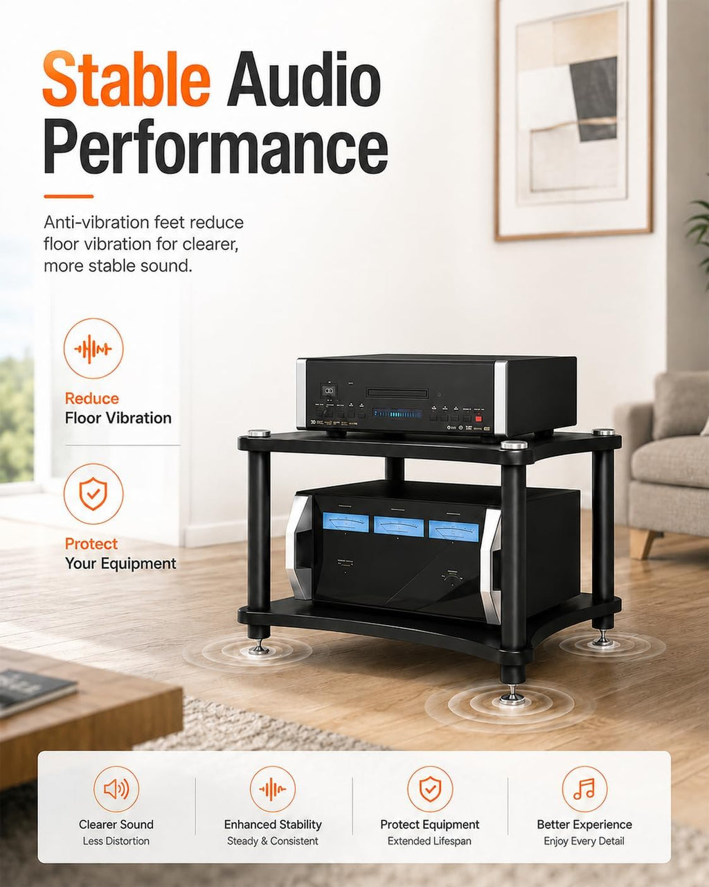 Heavy Duty 2-Tier AV Media Stand, 176 lb Load Capacity, Black | anti-vibration feet that help reduce resonance for clearer sound, open ventilation, cable management, Built for Hi-Fi systems