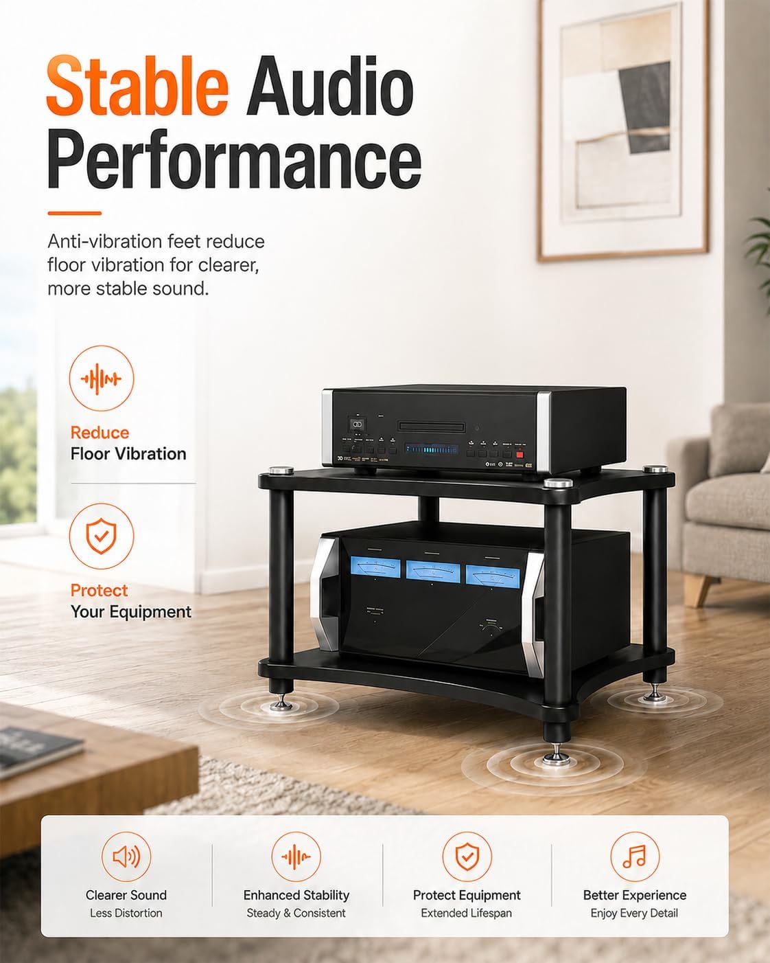 Heavy Duty 2-Tier AV Media Stand, 176 lb Load Capacity, Black | anti-vibration feet that help reduce resonance for clearer sound, open ventilation, cable management, Built for Hi-Fi systems