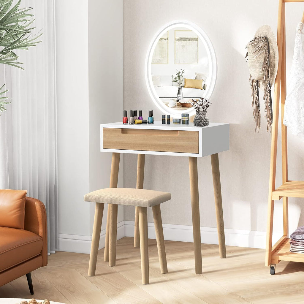 YOURLITE Makeup Vanity Table Set with 3 Modes Adjustable Lighted Mirror Cushioned Stool, Dressing Table for Small Space | 3 Lighting Modes, Adjustable Brightness, Cushioned Stool, Dressing Table, Compact Design, for Small Spaces