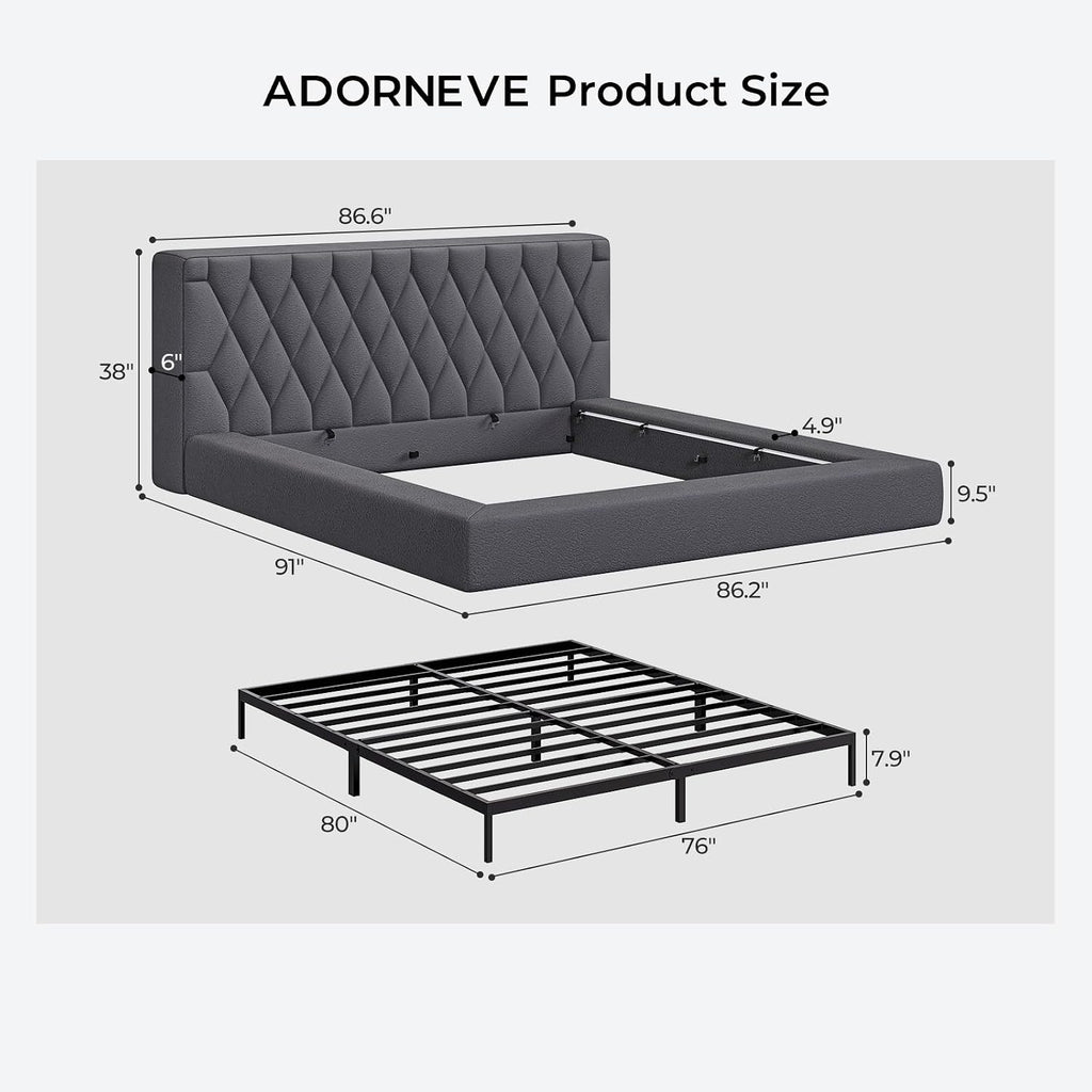 ADORNEVE Upholstered Cloud Bed Frame King with 5.9" Thick Headboard, Grey