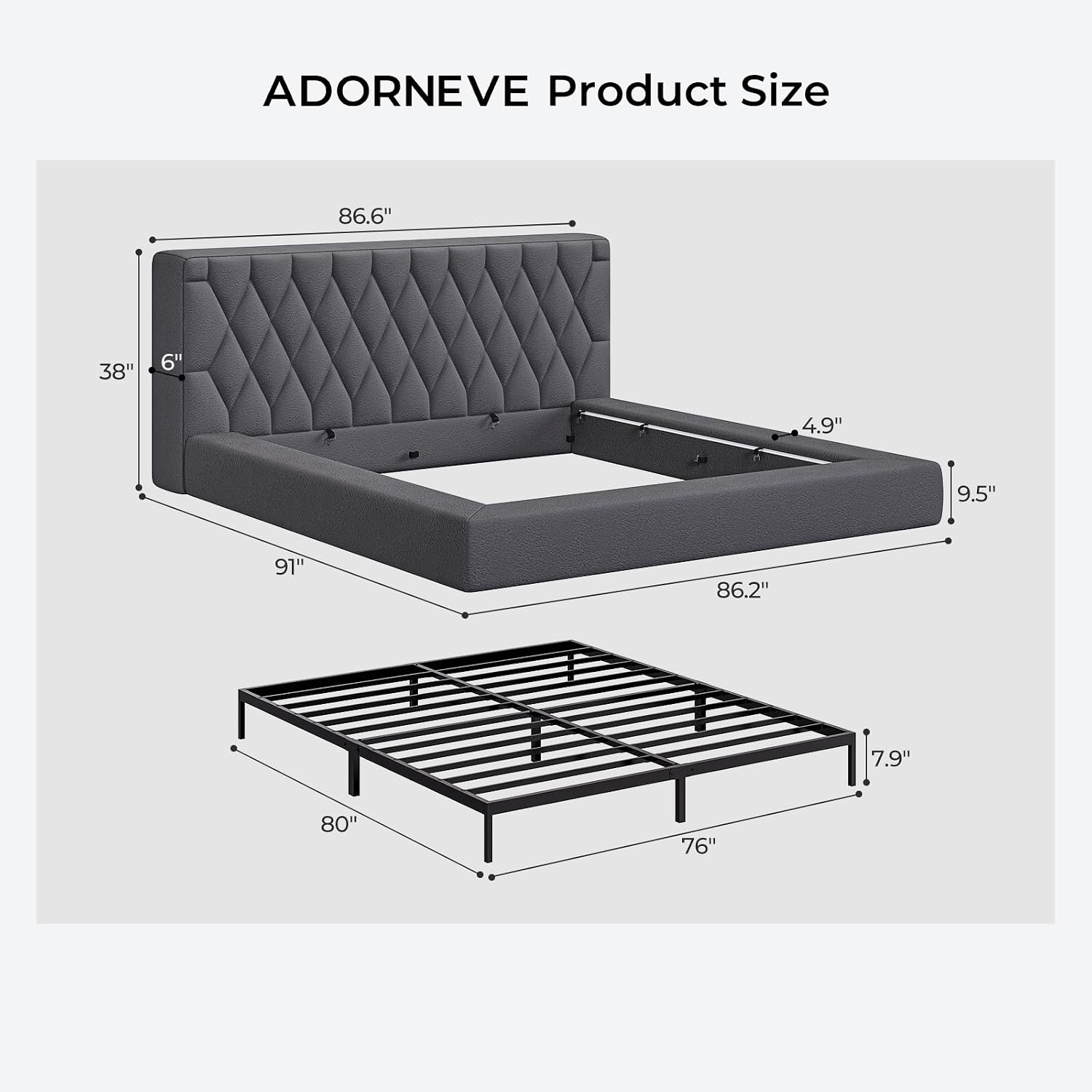 ADORNEVE Upholstered Cloud Bed Frame King with 5.9" Thick Headboard, Grey