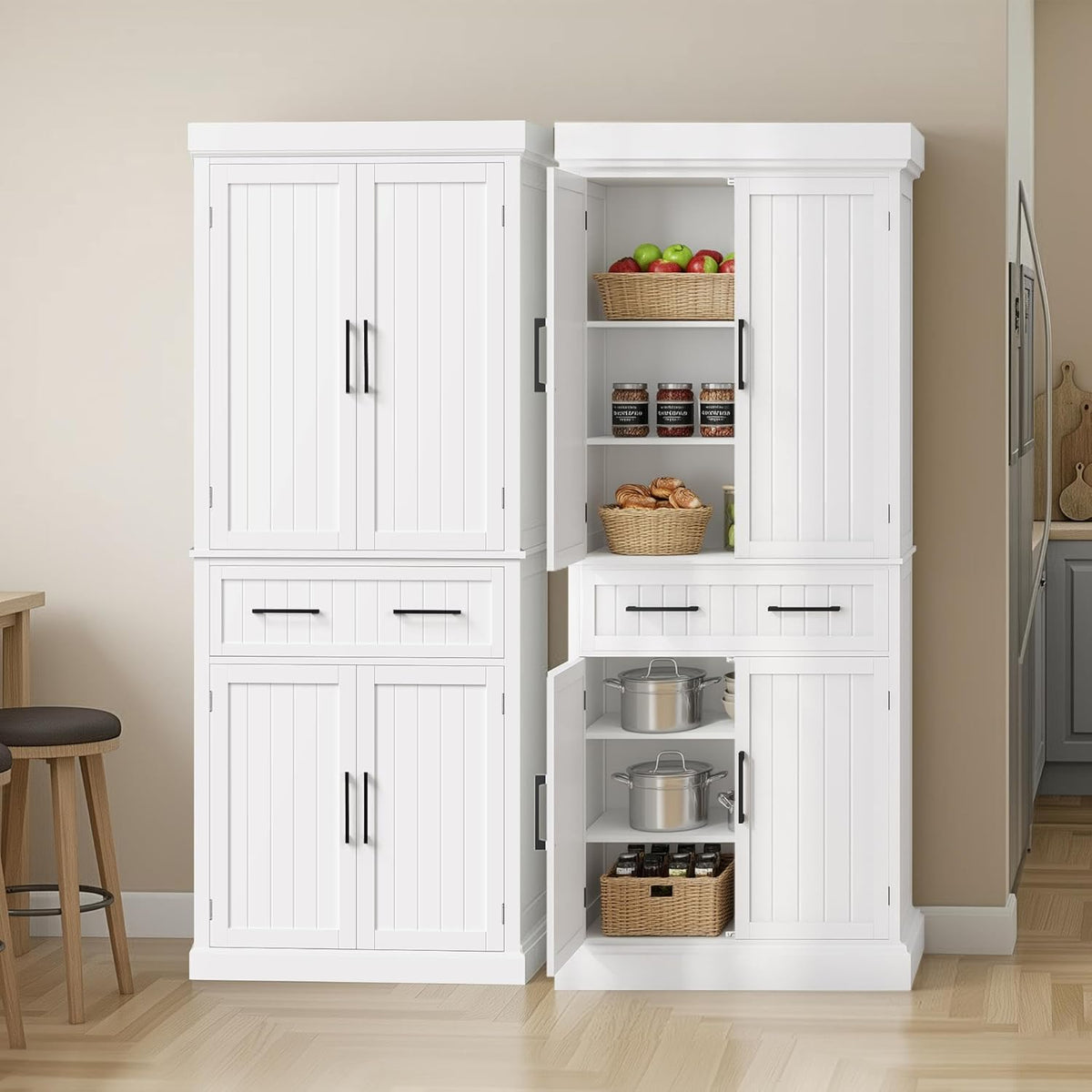 Yaheetech 72.5" H Freestanding 4-Door Kitchen Storage Cabinet,White | Stand‑up Pantry with Adjustable Shelves & Wide Drawer, Engineered Wood Construction, Kitchen/Living Room