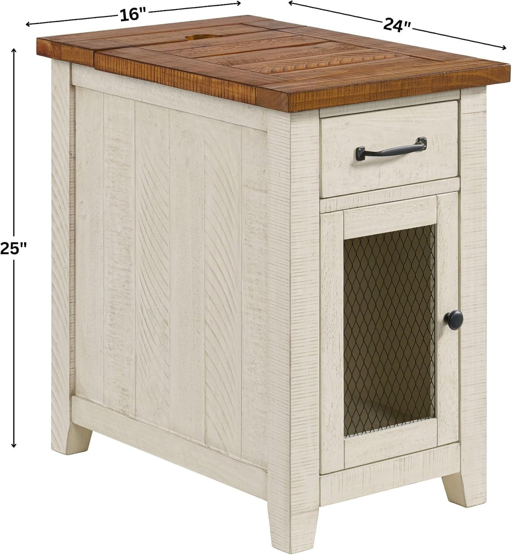 Martin Svensson Home Rustic Solid Wood Chairside End Table, White and Honey | with Power, Cabinet Storage, One Drawer