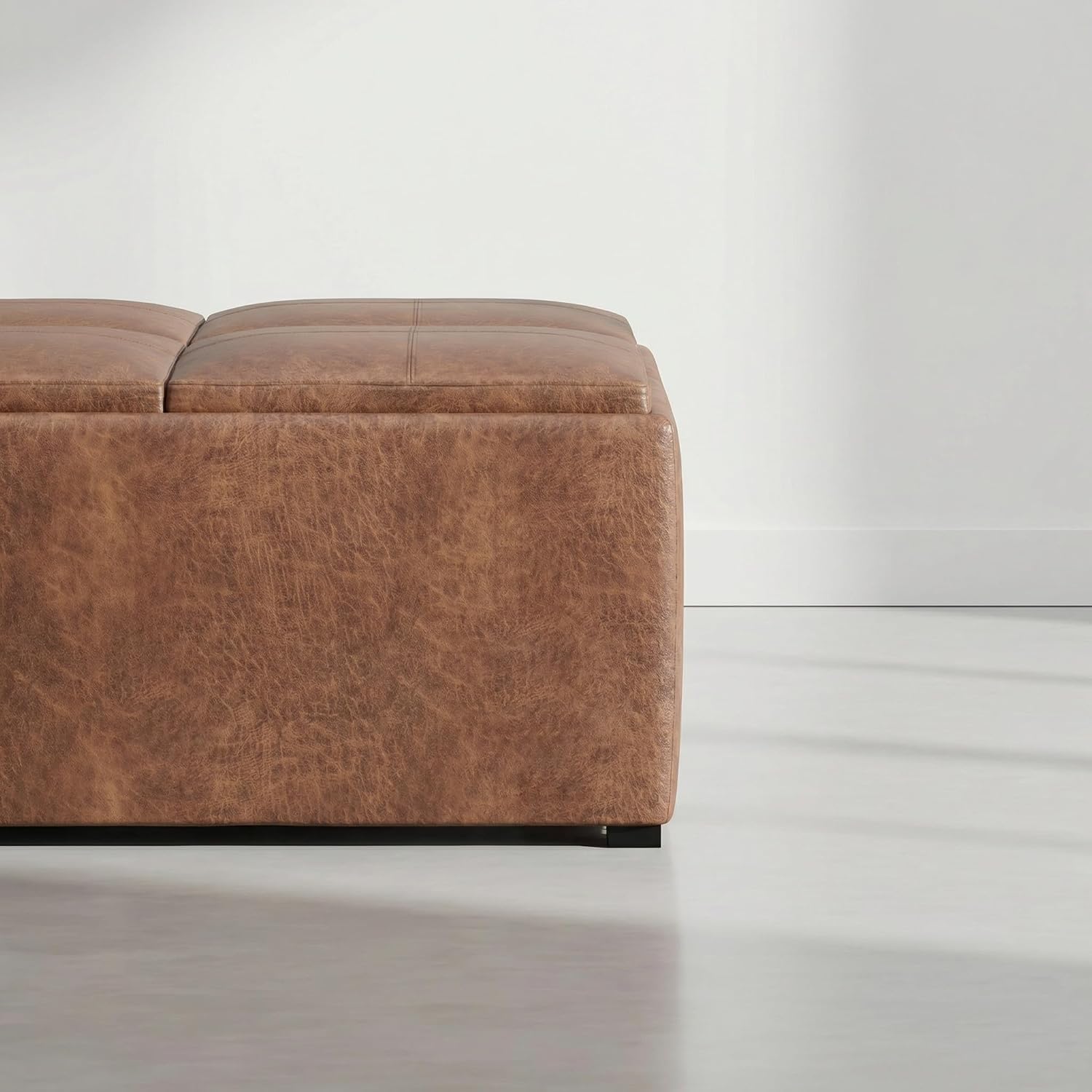 SIMPLIHOME Avalon Coffee Table Storage Ottoman - 35 inch Wide Upholstered Vegan Leather Square Storage Ottoman in Distressed Pecan Brown, Contemporary Ottoman for Living Room with Serving Trays