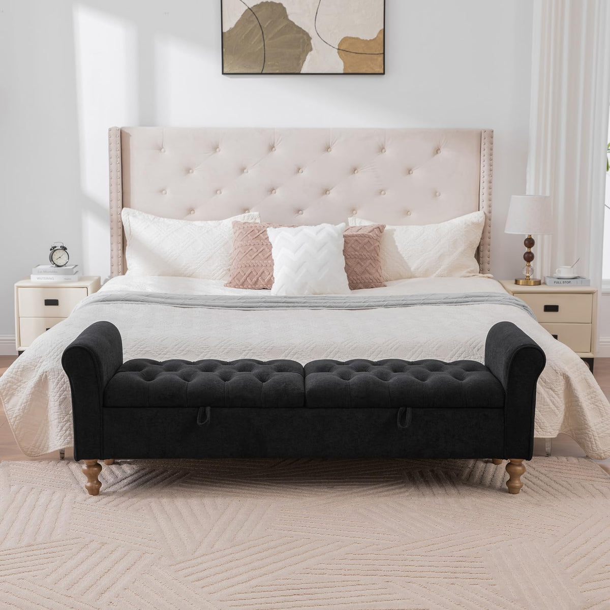 65.75" Modern Upholstered Ottoman with Storage, End of Bed Storage Bench with Rolled Armrest and Wood Legs, Comfy Napped Fabric Ottoman Bench for Living Room, Entryway, Dormitory, Bedroom (Black+A)