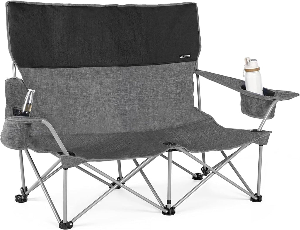 Huskfirm Low Camping Chair Lightweight Double Camping Chair Heavy Duty 2 Person Camping Chair with Cup Holders Padded High Back Camping Loveseat Supports 500 LBS-Grey