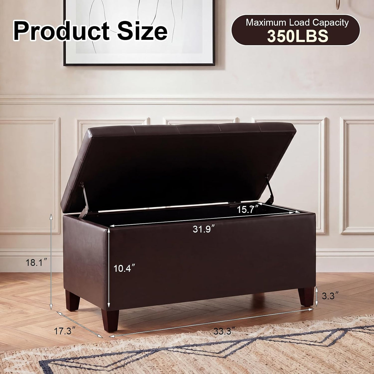 Asense Storage Ottoman Bench, 33" Faux Leather Upholstered End of Bed Bench with Safety Hinge,Wooden Legs,for Entryway Bedroom Living Room,Chocolate Brown