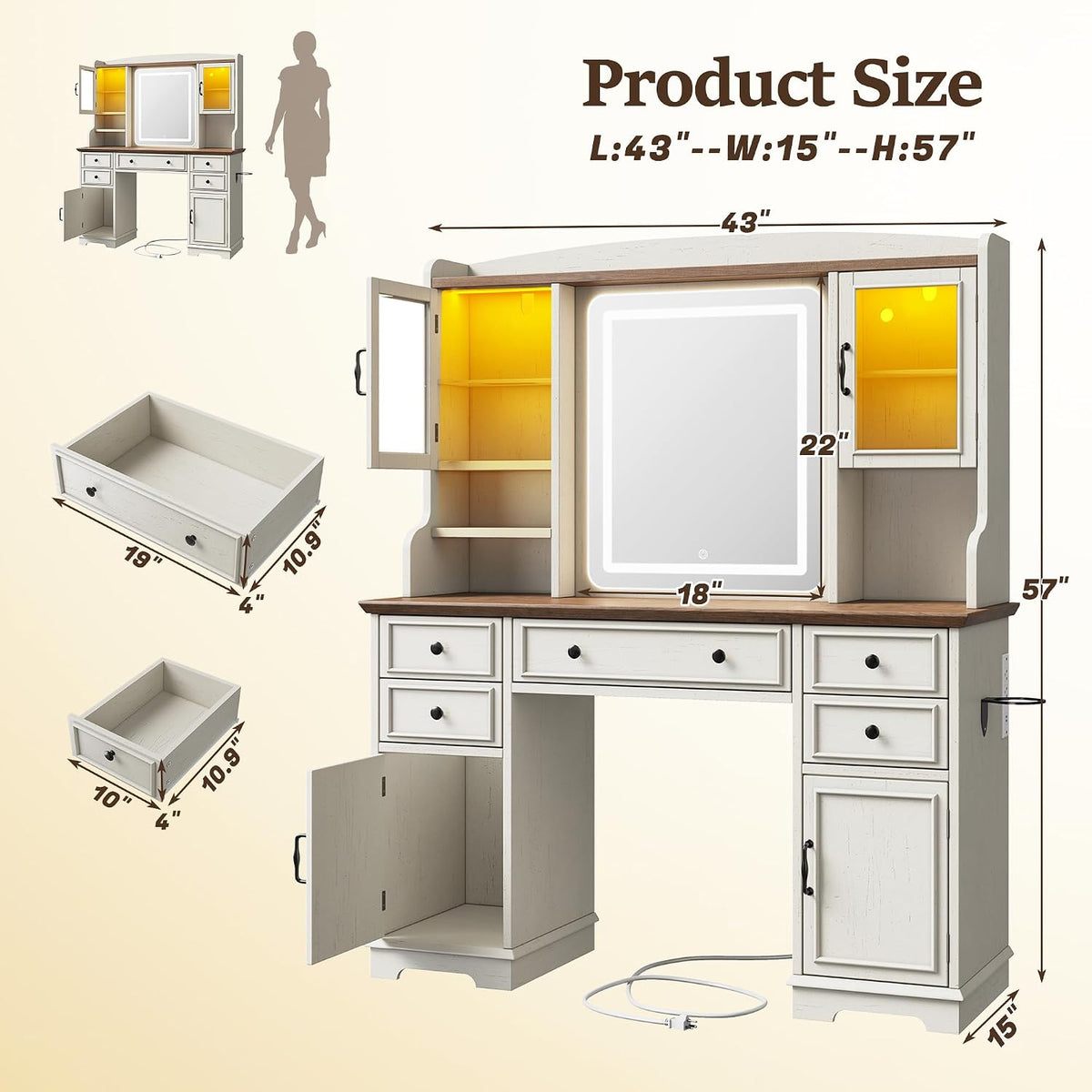 EnHomee Vanity Desk with Mirror and Lights, 43" White Makeup Vanity Desk with 5 Drawers & 2 RGB Glass Cabinets, Adjustable 3 LED Lights for Bedroom, Farmhouse Dressing Table for Women